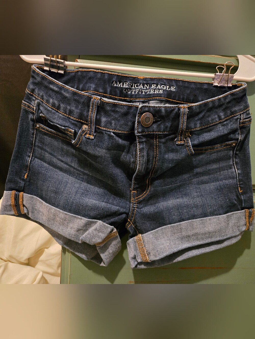 American Eagle Outfitters Dark Blue Denim Rolled-Hem Shorts 360° Super Stretch
